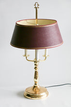 Load image into Gallery viewer, Mid-20th Century Brass Three-Arm Bouillotte Lamp With Red & Gold Shade.