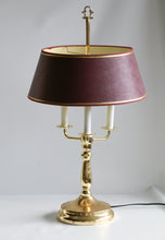 Load image into Gallery viewer, Mid-20th Century Brass Three-Arm Bouillotte Lamp With Red & Gold Shade.