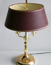 Load image into Gallery viewer, Mid-20th Century Brass Three-Arm Bouillotte Lamp With Red & Gold Shade.