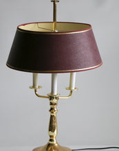Load image into Gallery viewer, Mid-20th Century Brass Three-Arm Bouillotte Lamp With Red & Gold Shade.