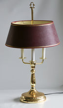 Load image into Gallery viewer, Mid-20th Century Brass Three-Arm Bouillotte Lamp With Red & Gold Shade.
