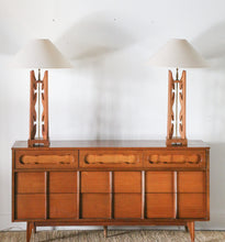 Load image into Gallery viewer, Pair of Teak Mid Century Modern Lamps
