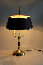 Load image into Gallery viewer, Mid-20th Century Brass Three-Arm Bouillotte Lamp With Red &amp; Gold Shade.
