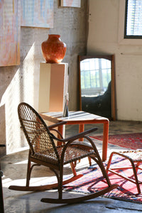 Vintage Snowshoe Oak & Rawhide Rocking Chair and Ottoman  by Vermont Tubbs, circa 1960s