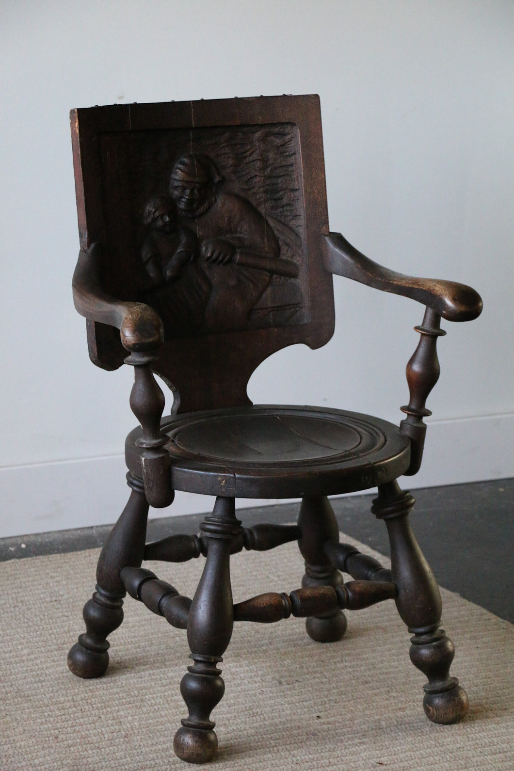 Antique German Carved Tiger Oak Tavern Pub Arm Chair
