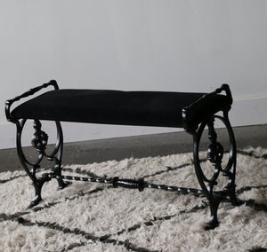Vintage Wrought Iron and Velvet Bench