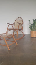 Load and play video in Gallery viewer, Vintage Snowshoe Oak &amp; Rawhide Rocking Chair and Ottoman  by Vermont Tubbs, circa 1960s
