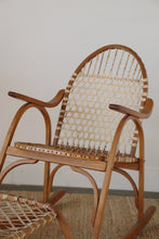 Load image into Gallery viewer, Vintage Snowshoe Oak &amp; Rawhide Rocking Chair and Ottoman  by Vermont Tubbs, circa 1960s
