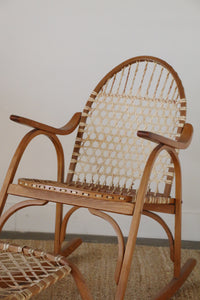 Vintage Snowshoe Oak & Rawhide Rocking Chair and Ottoman  by Vermont Tubbs, circa 1960s