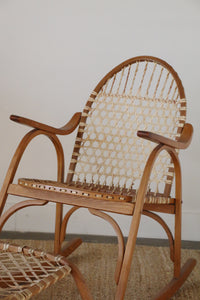 Vintage Snowshoe Oak & Rawhide Rocking Chair and Ottoman  by Vermont Tubbs, circa 1960s