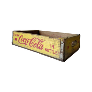 Coca Cola Advertising Wooden Crate Yellow & Red Dated 1964, Vintage Storage Box w Handles