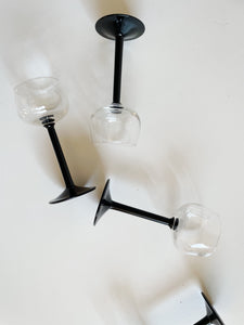Set of Four Retro Vintage Cristal D’Arques - Durand Luminarc Black Straight Stemmed Vin du Rhin Wine Glasses