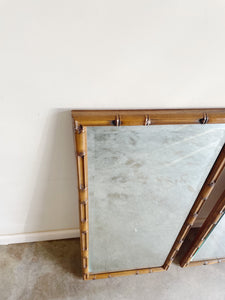 Pair of Faux Bamboo Carved Walnut Beveled Wall Mirrors