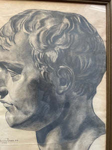 Antique Original Charcoal Drawing of Classical Sculture