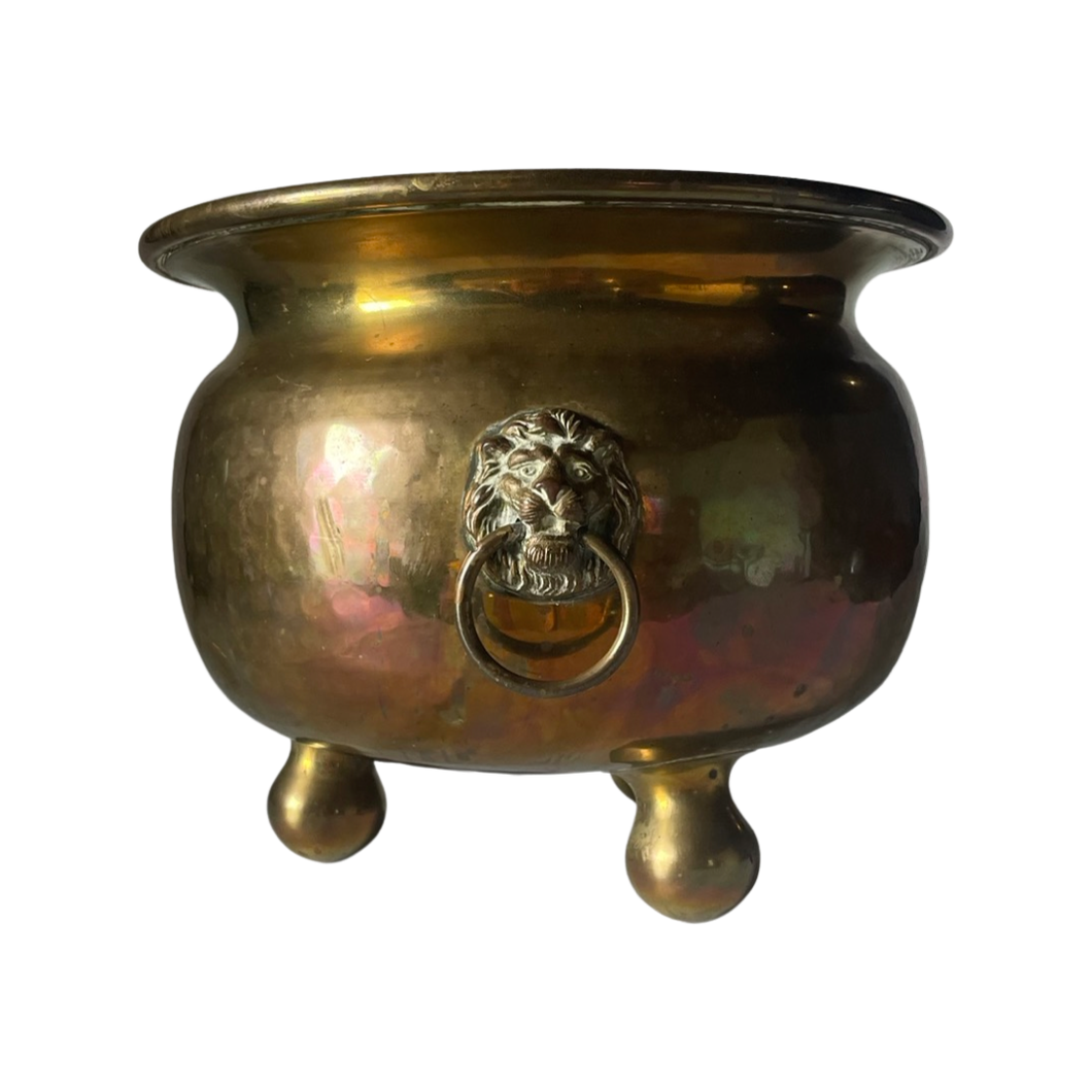 Hammered Brass Lion Head Footed Planter