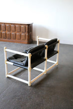 Load image into Gallery viewer, MCM mid-century modern white PVC love seat  with black vinyl upholstery in the style of Jerry Johnson for Landes Manufacturing Co.
