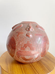 Vintage Marajoara Terra Cotta Amazon Brazil Red Clay Face Pottery Pot Vase 