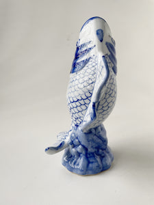 Vintage Koi Vase Sculpture Decorative Blue White Pottery