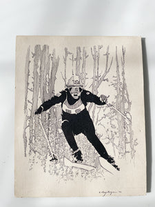 Winter Olympics Drawing Mounted on Board Dated 1972