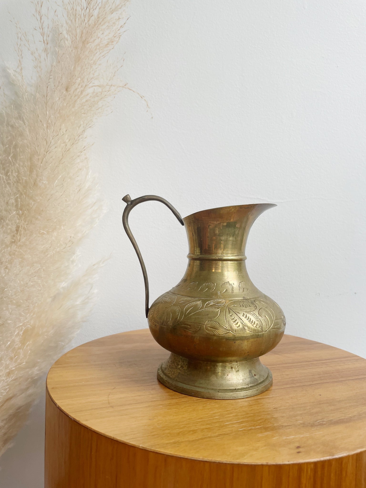 Vintage Glass and Etched Brass Pitcher Carafe, Mid Century Modern 