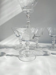 Vintage 1980s Fostoria Crystal Etched "Rose" Pattern Coupe //Champagne Glasses Set of 8