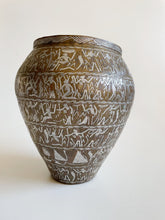 Load image into Gallery viewer, Antique Egyptian Brass Vase with Silver Copper Inlay Hieroglyphic Figures
