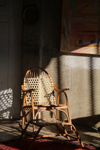 Load image into Gallery viewer, Vintage Snowshoe Oak &amp; Rawhide Rocking Chair and Ottoman  by Vermont Tubbs, circa 1960s
