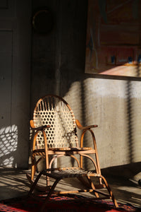 Vintage Snowshoe Oak & Rawhide Rocking Chair and Ottoman  by Vermont Tubbs, circa 1960s