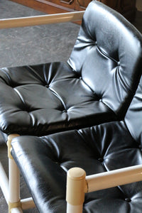 MCM mid-century modern  love seat with black vinyl upholstery in the style of Jerry Johnson for Landes Manufacturing Co.