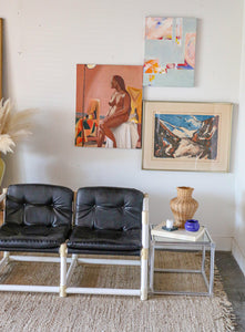MCM mid-century modern white PVC love seat  with black vinyl upholstery in the style of Jerry Johnson for Landes Manufacturing Co.