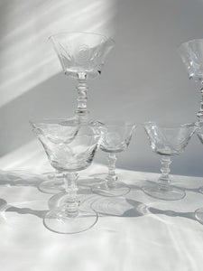 Vintage 1980s Fostoria Crystal Etched "Rose" Pattern Coupe //Champagne Glasses Set of 8