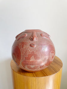 Vintage Marajoara Terra Cotta Amazon Brazil Red Clay Face Pottery Pot Vase 