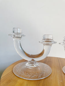 Fostoria Etched  Clear Glass Double Candle Stick Holders