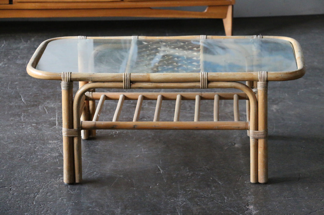 Mid Century Modern Rattan Glass Top Coffee Table/ Long Side Table