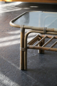 Mid Century Modern Rattan Glass Top Coffee Table/ Long Side Table