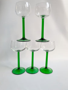 French Luminarc Emerald Green Cordial Wine Stem Glasses, Set of 5,1960s 1970s Barware