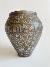 Load image into Gallery viewer, Antique Egyptian Brass Vase with Silver Copper Inlay Hieroglyphic Figures
