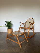 Load image into Gallery viewer, Vintage Snowshoe Oak &amp; Rawhide Rocking Chair and Ottoman  by Vermont Tubbs, circa 1960s
