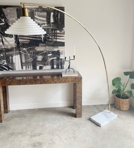 Vintage Italian Harvey Guzzini Style Brass & Carrara Marble Arc Floor Lamp