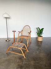 Load image into Gallery viewer, Vintage Snowshoe Oak &amp; Rawhide Rocking Chair and Ottoman  by Vermont Tubbs, circa 1960s
