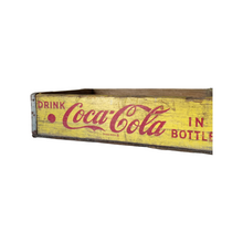 Load image into Gallery viewer, Coca Cola Advertising Wooden Crate Yellow &amp; Red Dated 1964, Vintage Storage Box w Handles
