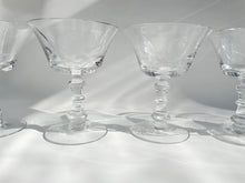 Load image into Gallery viewer, Vintage 1980s Fostoria Crystal Etched &quot;Rose&quot; Pattern Coupe //Champagne Glasses Set of 8
