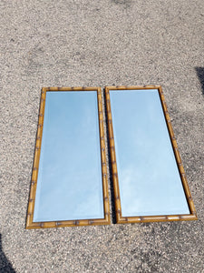 Pair of Faux Bamboo Carved Walnut Beveled Wall Mirrors