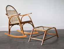 Load image into Gallery viewer, Vintage Snowshoe Oak &amp; Rawhide Rocking Chair and Ottoman  by Vermont Tubbs, circa 1960s
