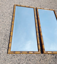 Load image into Gallery viewer, Pair of Faux Bamboo Carved Walnut Beveled Wall Mirrors
