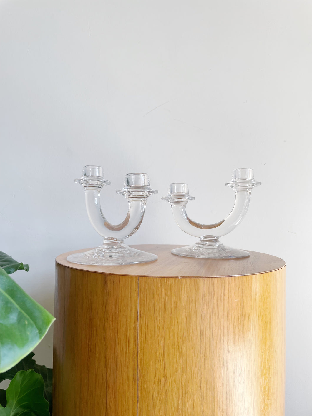 Fostoria Etched  Clear Glass Double Candle Stick Holders