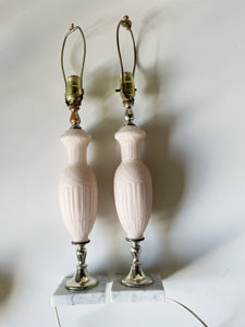 Pair of Pink Frosted Glass & Marble Table Lamps
