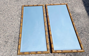 Pair of Faux Bamboo Carved Walnut Beveled Wall Mirrors