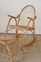 Load image into Gallery viewer, Vintage Snowshoe Oak &amp; Rawhide Rocking Chair and Ottoman  by Vermont Tubbs, circa 1960s

