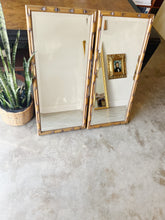 Load image into Gallery viewer, Pair of Faux Bamboo Carved Walnut Beveled Wall Mirrors

